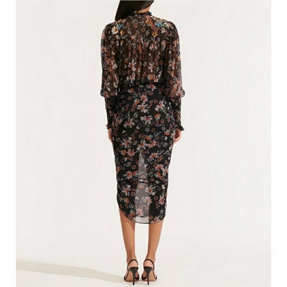 Veronica Beard Shaia Embellished Ruched Ruffle Sleeve Dress in Black Multi Sz 6 - Picture 2 of 13